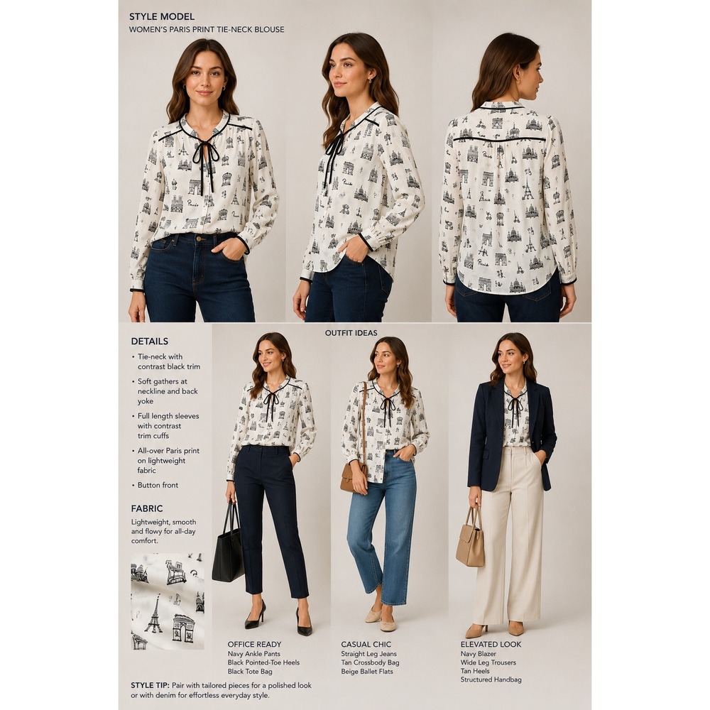 Talbots Womens Paris Print Tie-Neck Blouse White Black Long Sleeve Top Large